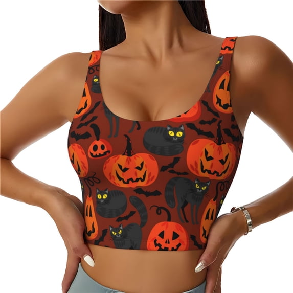 Sports Bras for Women Workout Tank Tops, pumpkin halloween cat Running Vest with Removable Cups