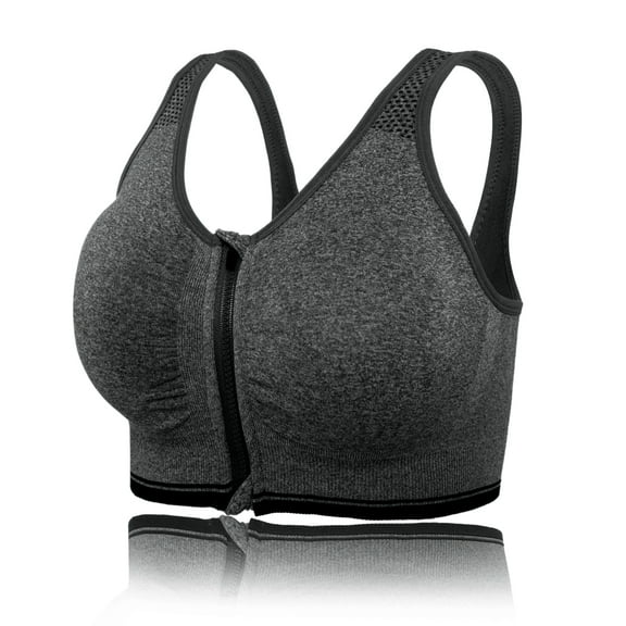 Sports Bras with Zipper Front High Impact Support Strappy Back Workout Bra Tops, Gray, XL