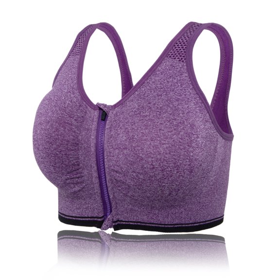 Sports Bras with Zipper Front High Impact Support Strappy Back Workout Bra Tops, Purple, M