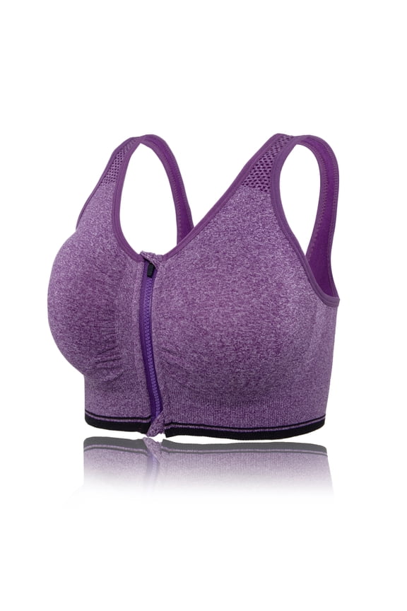 Sports Bras with Zipper Front High Impact Support Strappy Back Workout Bra Tops, Purple, M