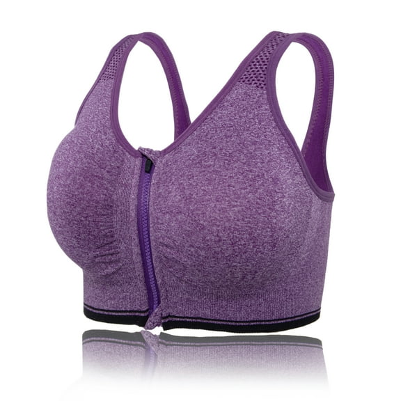 Sports Bras with Zipper Front High Impact Support Strappy Back Workout Bra Tops, Purple, XL