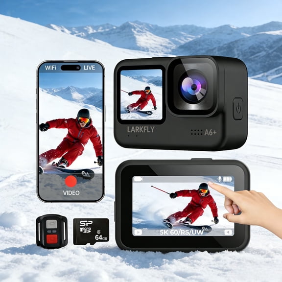 Sports Camera A6+ Essential Combo, 5-Meter self-Waterproof Action Camera, 5K/60fps Video, Phone WiFi Operation System, Subject Tracking, stabilization, Dual OLED touchscreens for Sports, vlog
