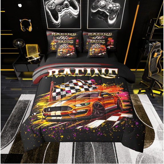 Sports Car 7 Piece Comforter Set King Orange Black Race Car Bedding Set Extreme Sports Bed In A Bag Adults Men,Racing Car Black White Checkered Flag Sheet Set With Comforter