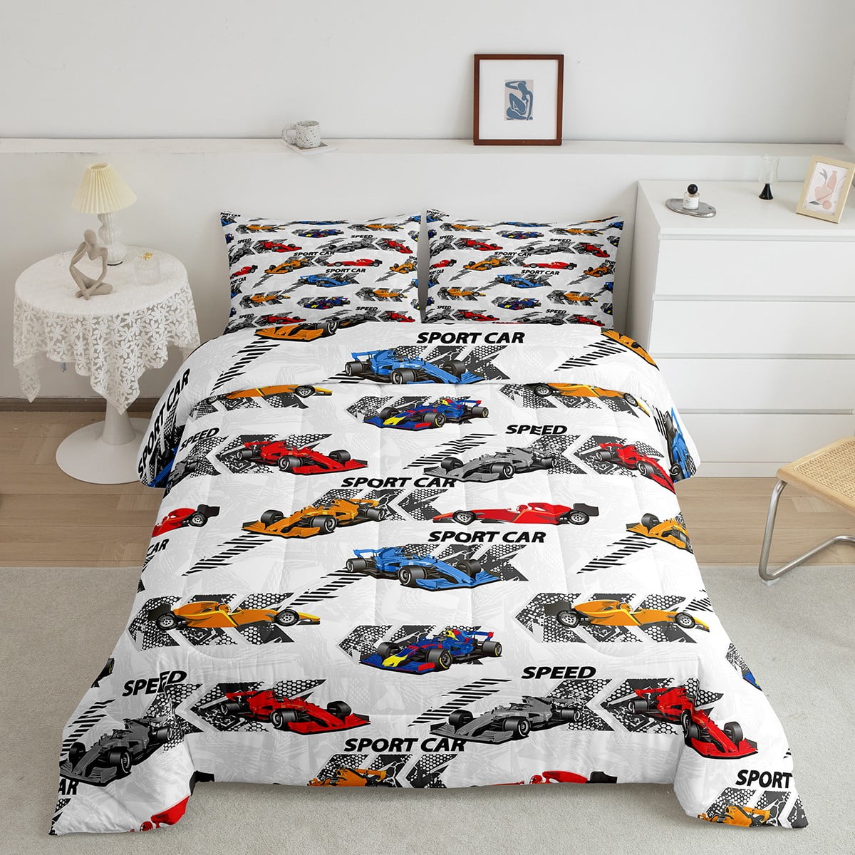 Sports Car Bedding Set Kart Racing Car Twin Comforter Set for Boys,Cool