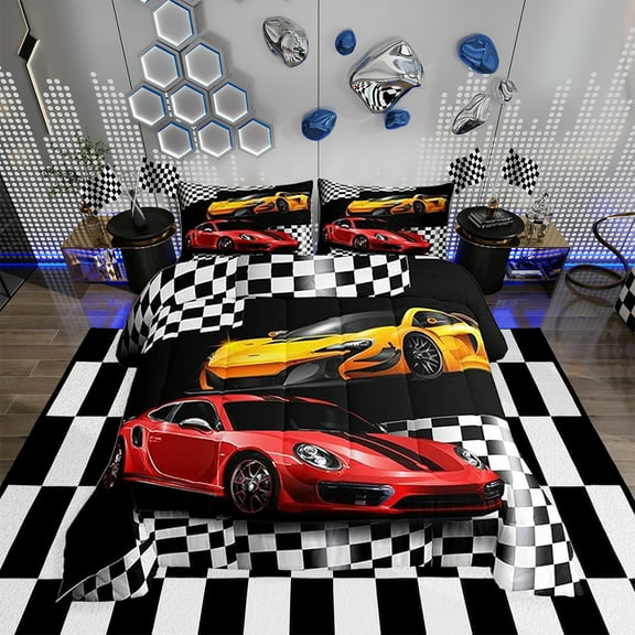 Sports Car Comforter Set Full Size,Red and Yellow Racing Car Bedding Set Teens Bedroom Decor,Black White Plaid Grid Print Quilt Set