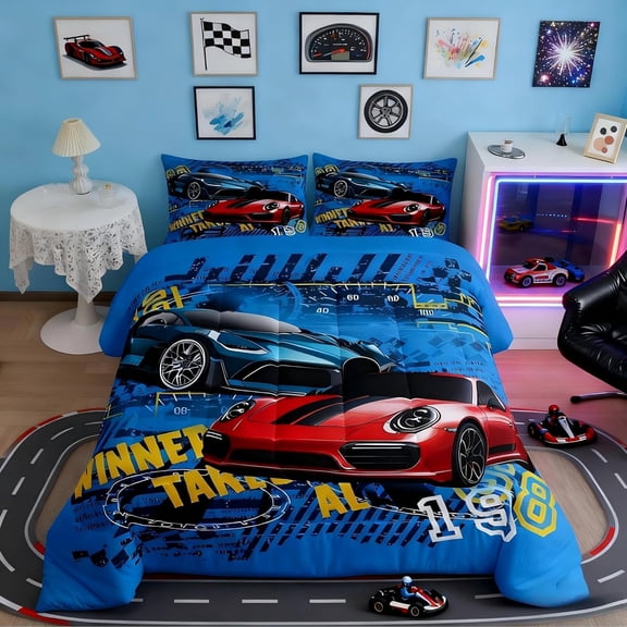 Sports Car Comforter Set Queen Size, Race Car Bedding for Kids Boys Room Decor, Speed Theme Quilted Duvet with 2 Pillowcases