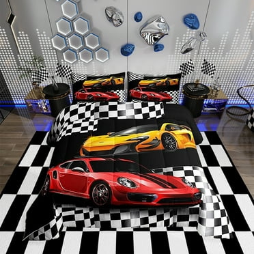 Sports Car Comforter Set,Red and Yellow Racing Car Bedding Set Teens Bedroom Decor,Black White Plaid Grid Print Quilt Set