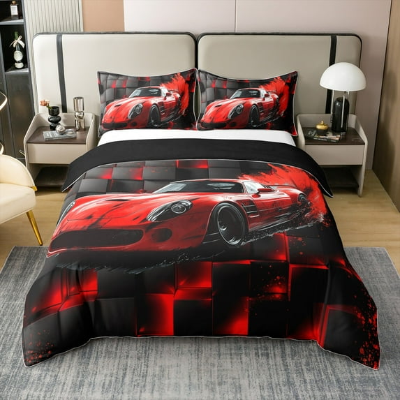 Sports Car Cotton Duvet Cover Queen,Red Race Car Soft Bedding Set,Extreme Sports Theme Comforter Cover Bedding 3 Pieces (No Comforter),Modern Abstract Geometry Quilt Cover,2 Pillowcases