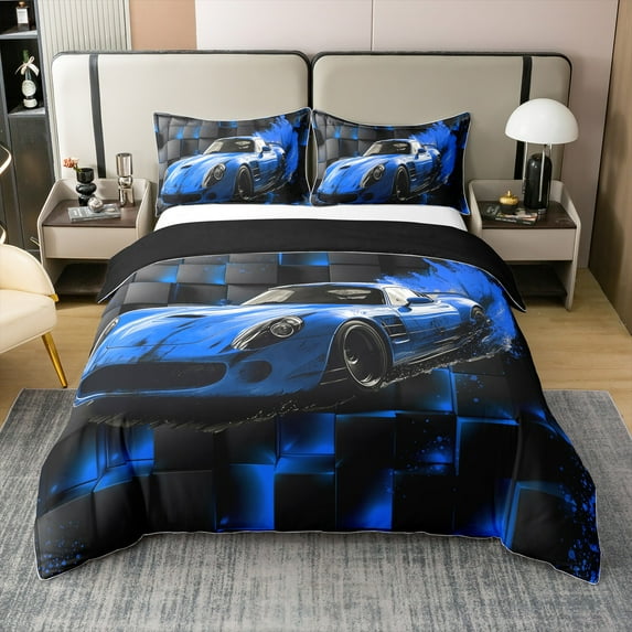 Sports Car Cotton Duvet Cover Sets(NO Comforter),Blue Race Car Comforter Cover Adults Bedroom Decor, Extreme Sports Theme Bedding Set,Geometry Art Quilt Cover,Twin