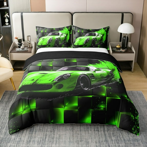 Sports Car Duvet Cover Full ,Green Race Car 3 Pieces Duvet Cover,Extreme Sports Theme Comforter Cover (Not Comforter),Cool Speed Luxury Car Decor Quilt Cover
