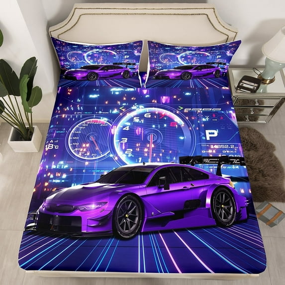 Sports Car Fitted Sheet Racing Car Cool Sports Bedding Set for Youth Teenagers Extreme Sports Race Speed Automobile Print Bed Sheets Modern Automobile Car Print Sheets (Twin,Purple)