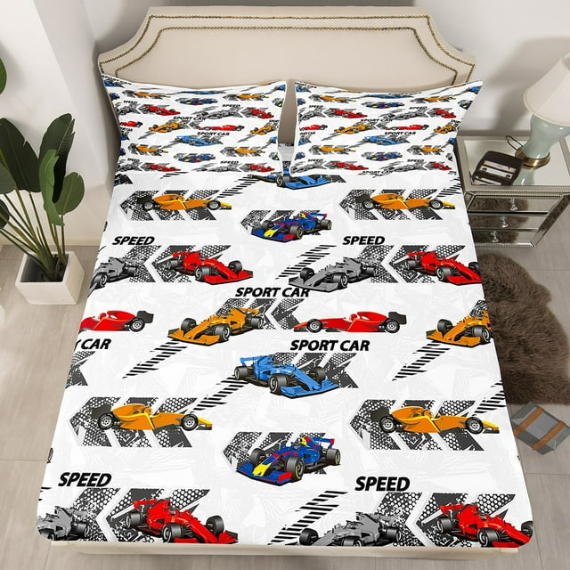 Sports Car Fitted Sheet Kart Racing Car Twin Bed Sheets for Boys,Cool Karting Vehicles Bedding