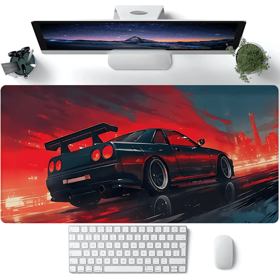 Sports Car in Red Night City Mouse Pad - Durable Non - Slip Desk Mat, Extra - Large Soft & Comfortable Mouse Pad - Ergonomic Stitched Desk Mat Ideal for Esports & Office Use