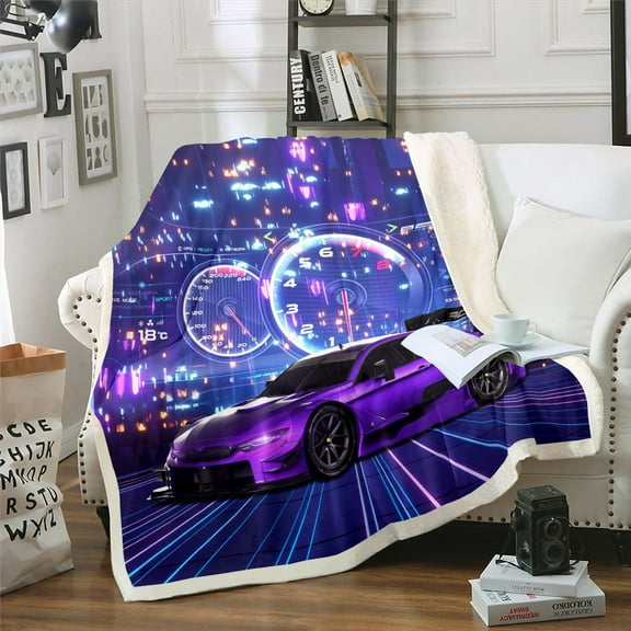 Sports Car Throw Blanket Racing Car Cool Sports Fleece Blanket for Youth Teenagers Extreme Sports Race Speed Automobile Print Blanket (Queen Size,Purple)