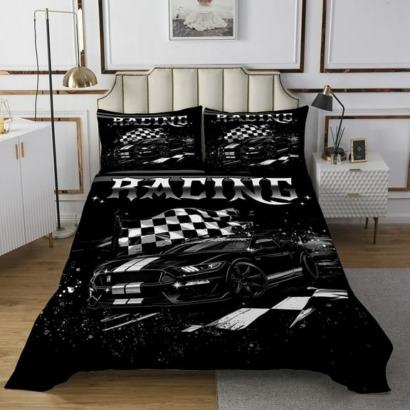 Sports Car Twin Bedspread Set Teen Men Black White Checkered Flag Quilt Set Racing Car Coverlet Set Extreme Sports Bedding Set Soft Lightweight For All Season 2 Pcs