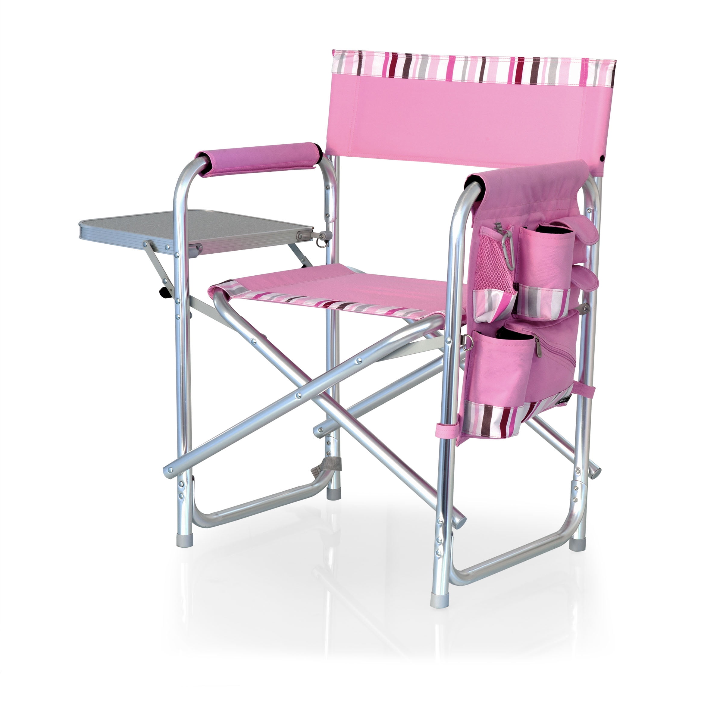 Pink Striped Aluminum Folding Camping Chair with Side Table