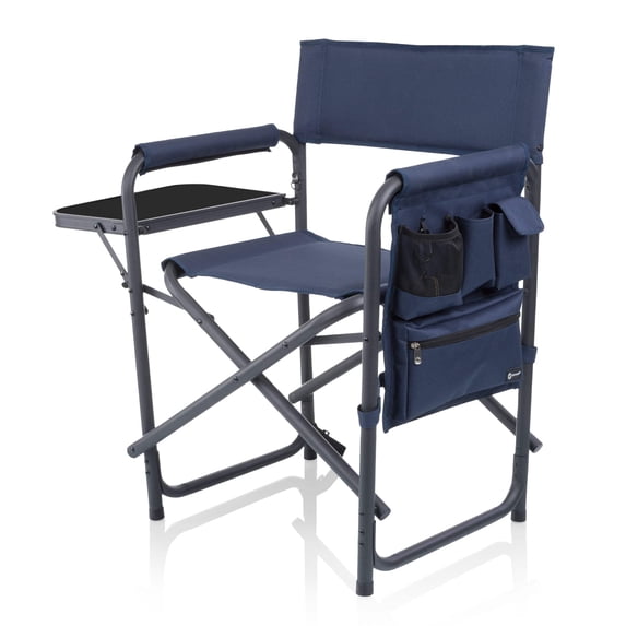 Picnic Time Sports Chair with Side Table, Outdoor Foldable Padded Adult Camping Chair with Cup & Accessory Panel, 300 lb Capacity (Navy Blue with Black Accents)
