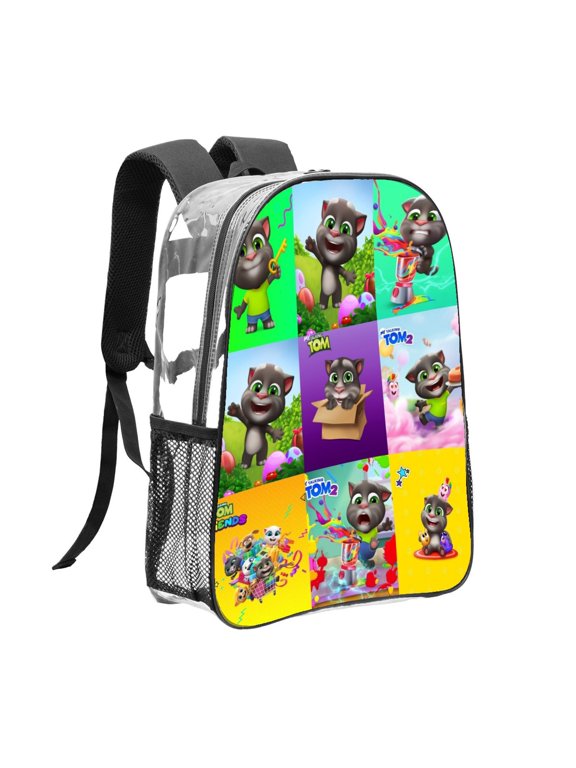 Sports Clear Backpack, FSMYJJZY Talking Tom Lightweight Transparent PVC Bag with Side Mesh Pockets for School Travel Daily Workout
