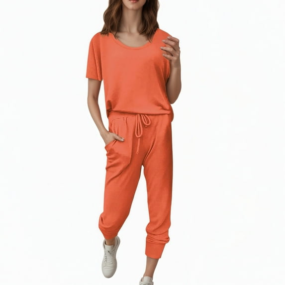 Sports Clothes Suits for Women Short Sleeve Tops,Drawstring High Waist Pants with Pockets Loose Fit Loungewear Sets Orange L