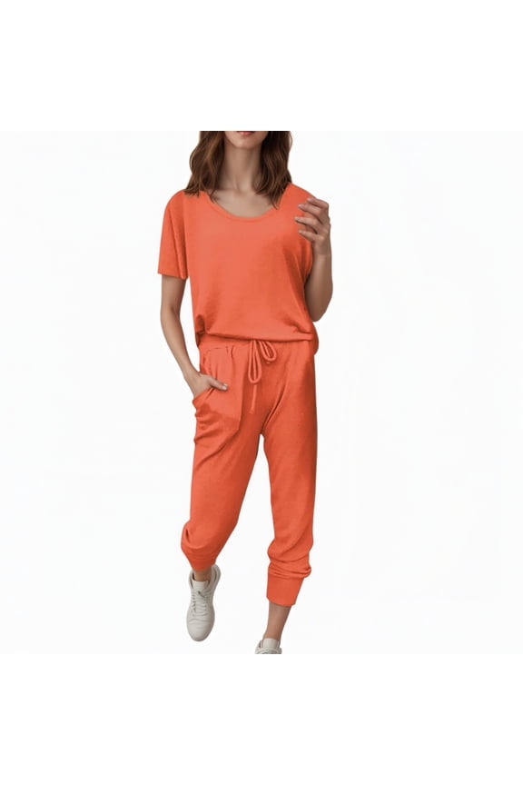 Sports Clothes Suits for Women Short Sleeve Tops,Drawstring High Waist Pants with Pockets Loose Fit Loungewear Sets Orange S