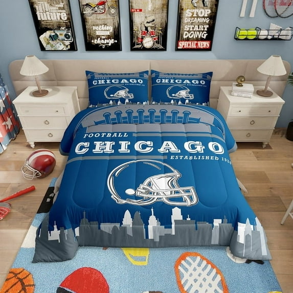 Sports Comforter Set,American Football Fans Bedding Sets Full Size Rugby Player Bedding Comforter Sets Football Lovers Down Comforter Light Blue Quilt Set (Chicago)