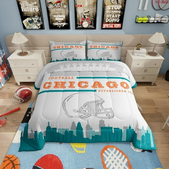 Sports Comforter Set,American Football Fans Bedding Sets Full Size Rugby Player Bedding Comforter Sets Football Lovers Down Comforter Teal Gray Quilt Set (Chicago)