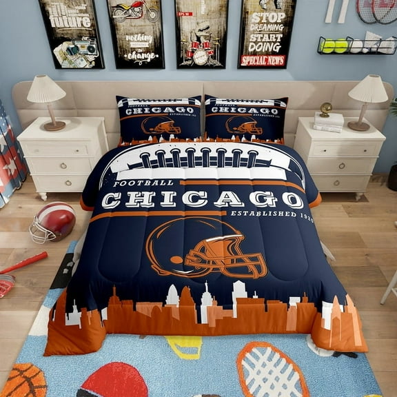 Sports Comforter Set,American Football Fans Bedding Sets Twin Size Rugby Player Bedding Comforter Sets Football Lovers Down Comforter Orange Navy Blue Quilt Set (Chicago)