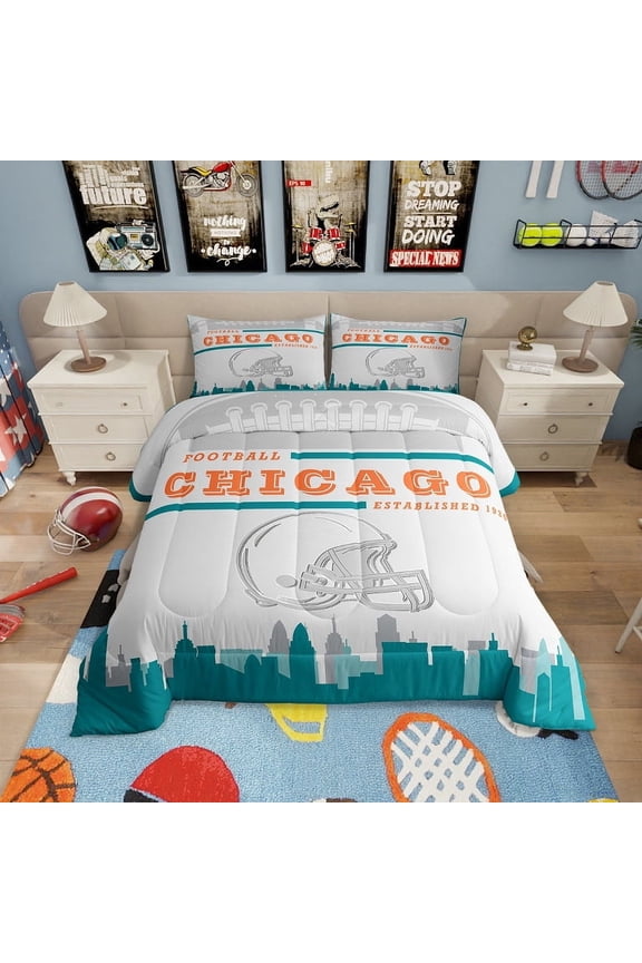 Sports Comforter Set,American Football Fans Bedding Sets Twin Size Rugby Player Bedding Comforter Sets Football Lovers Down Comforter Teal Gray Quilt Set (Chicago)