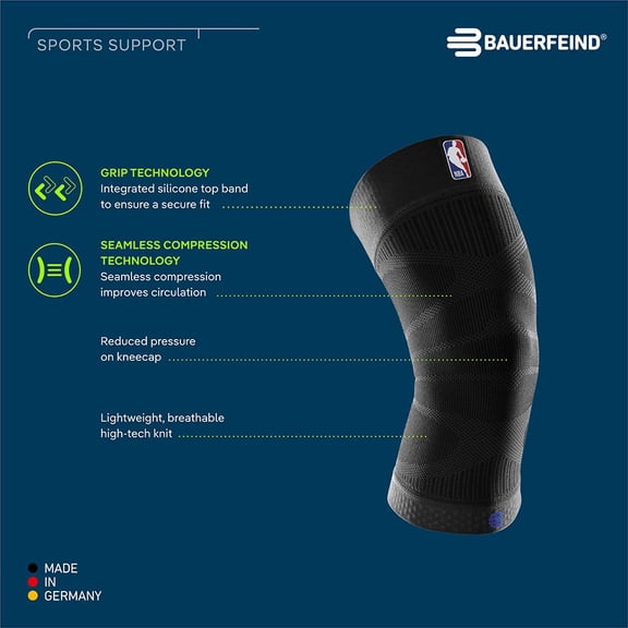 Sports Compression Knee Support - Lightweight Design with Gripping Zones for Basketball Knee Pain Relief & Performance with Team Designs (Black, L)