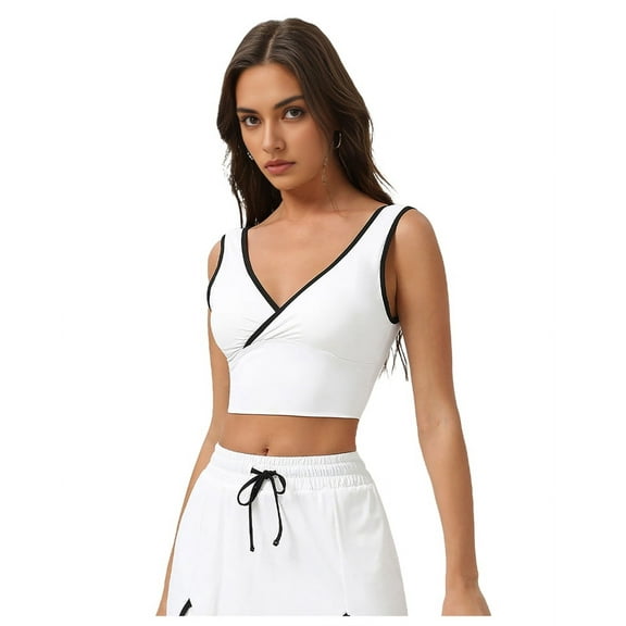 Sports Crop Top for Women V Neck Sleeveless Padded Bra Workout Yoga Crop Top Swan White S