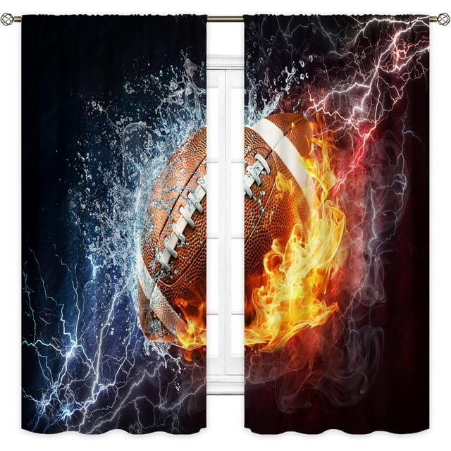 Sports Curtains for Boys Bedroom 42Wx63L Inch Rod Pocket Men American Football Wall Decor Flame 3D Football for Teens Kids Cool Modern Living Room Gym Window Drape Fabric 2 Panel