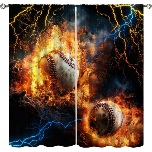 Sports Curtains for Teen Boys,Cool Flame Lightning Baseball Ball Sports Theme Prints Blackout Rod Pocket Window Treatments Drapes for Boys Girls Bedroom Nursery42x54in