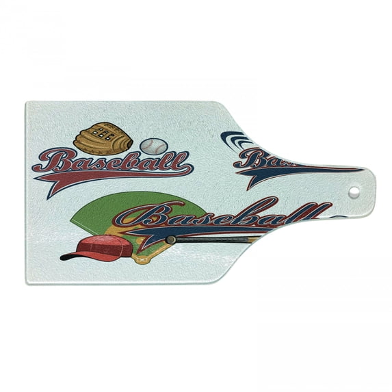Sports Cutting Board, Baseball Mitt Ball Bat Hardball Supplies Exercise Team Various Classical Designs, Tempered Glass Cutting and Serving Board, Wine Bottle Shape, Multicolor, by Ambesonne
