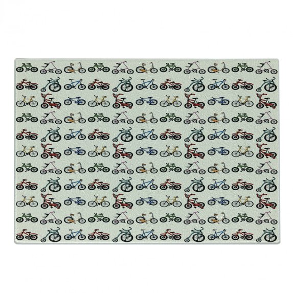 Sports Cutting Board, Colorful Composition of Bicycles Boys Girls Riding Sports Activity Theme Pattern, Decorative Tempered Glass Cutting and Serving Board, Small Size, Multicolor, by Ambesonne