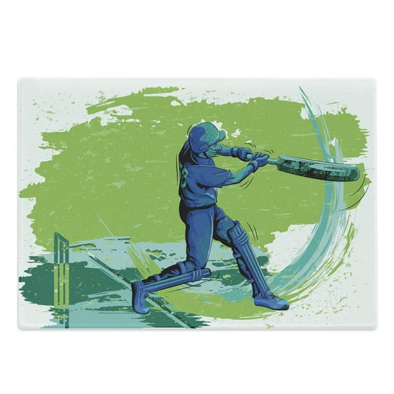 Sports Cutting Board, Cricket Player Pitching Win Game Champion Team Paintbrush Effect, Decorative Tempered Glass Cutting and Serving Board, Large Size, Lime Green Turquoise, by Ambesonne
