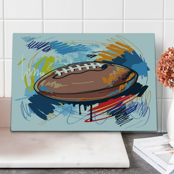 Sports Cutting Board, Diamond Shape Rugby Ball Sketch with Colorful Doodles Professional Equipment League, Decorative Tempered Glass Cutting and Serving Board, Large Size, Multicolor, by Ambesonne