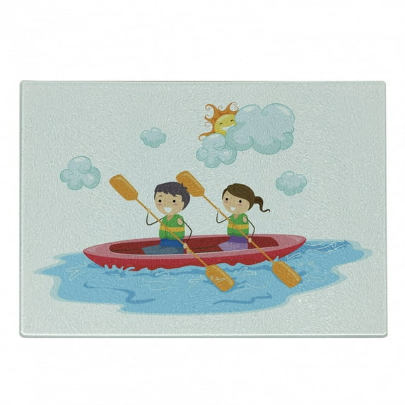 Sports Cutting Board, Little Friends Siblings Riding a Kayak Together in Sunny Day Summer Sea Cartoon, Decorative Tempered Glass Cutting and Serving Board, Small Size, Multicolor, by Ambesonne