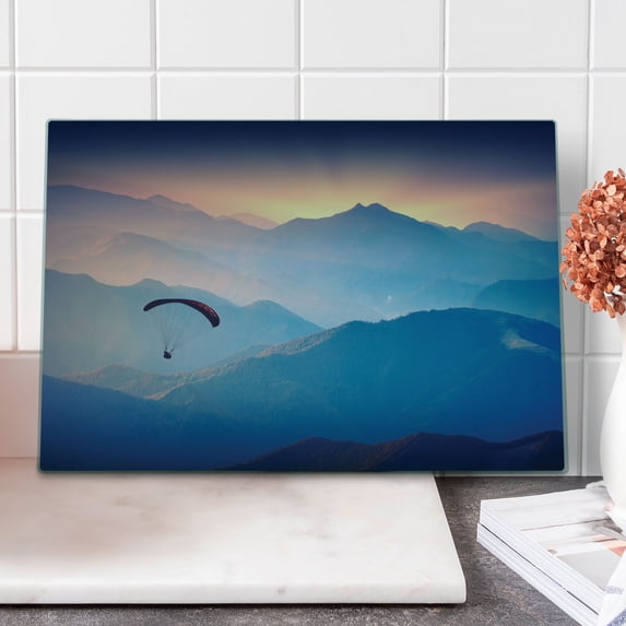 Sports Cutting Board, Paraglide Flying over Majestic Mountains Morning Valley Sunrise Sports Freedom Theme, Decorative Tempered Glass Cutting and Serving Board, Large Size, Blue Pink, by Ambesonne