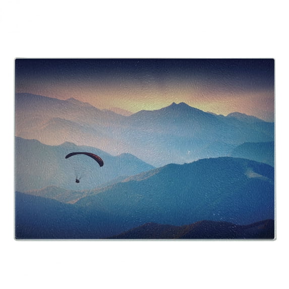 Sports Cutting Board, Paraglide Flying over Majestic Mountains Morning Valley Sunrise Sports Freedom Theme, Decorative Tempered Glass Cutting and Serving Board, Small Size, Blue Pink, by Ambesonne