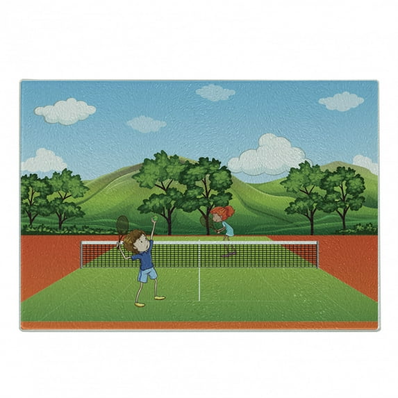 Sports Cutting Board, Siblings Little Friends Playing Tennis Fun Time in Park Exercise with Buddies, Decorative Tempered Glass Cutting and Serving Board, Small Size, Multicolor, by Ambesonne