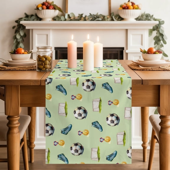 Sports Dining Table Runner, Classic Soccer Sporty Sneakers Medals Green Background Washable Table Runners Kitchen Coffee Table Center Decor for Home Party Holiday Wedding 13 x 36 Inches