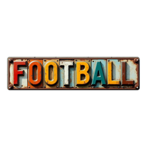 Sports Display vintage 16*4 in tin art rusty metal game area piece"FOOTBALL colorful letters on rusted plates" indie room decor outdoor sign wall plaques garage embossed text