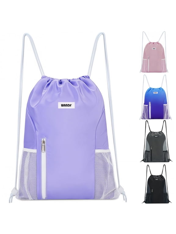 Sports Drawstring Backpack with Mesh Pockets, Waterproof Gym Bag String Backpack for Men Women, Large Capacity Athletic Sackpack for Travel, Swimming, Cycling(Purple)
