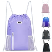 Sports Drawstring Backpack with Mesh Pockets, Waterproof Gym Bag String Backpack for Men Women, Large Capacity Athletic Sackpack for Travel, Swimming, CyclingPurple