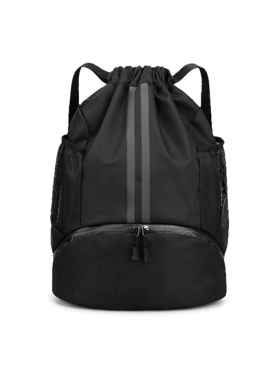 Sports Drawstring Backpack, String Swim Gym Bag with Shoes Compartment & Wet Proof Pocket, Lightweight Travel Daypack for Women & Men - Black