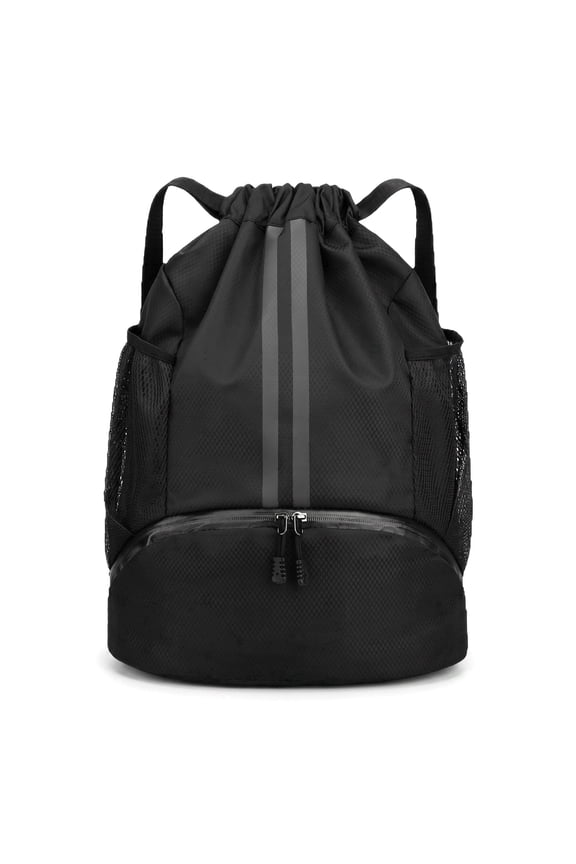 Sports Drawstring Backpack, String Swim Gym Bag with Shoes Compartment & Wet Proof Pocket, Lightweight Travel Daypack for Women & Men - Black