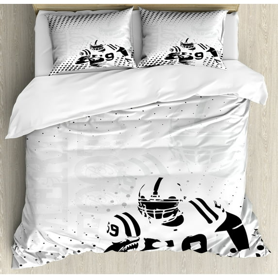 Sports Duvet Cover Set, American Football Character Running Passing Gridiron Goal Dotted Art Graphic Design, Decorative 3 Piece Bedding Set with 2 Pillow Shams, Queen Size, Black White, by Ambesonne