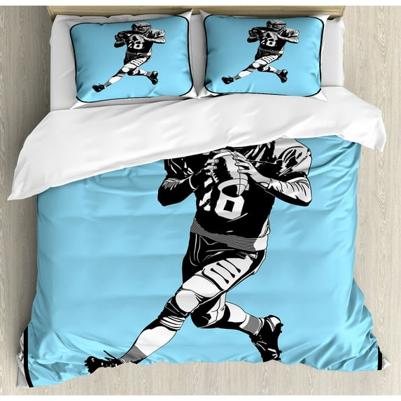 Sports Duvet Cover Set, American Football League Game Rugby Player Run Original Retro Illustration, Decorative 3 Piece Bedding Set with 2 Pillow Shams, Queen Size, Blue Black White, by Ambesonne