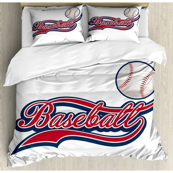 Sports Duvet Cover Set, Baseball Ball Sporting Pastime National Sport Athleticism Entertainment, Decorative 3 Piece Bedding Set with 2 Pillow Shams, Calking Size, Night Blue Red White, by Ambesonne