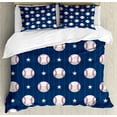 thumbnail image 1 of Sports Duvet Cover Set, Baseball Patterns on Vertical Striped Background Stars Design, Decorative 3 Piece Bedding Set with 2 Pillow Shams, King Size, Night Blue Red White, by Ambesonne, 1 of 3